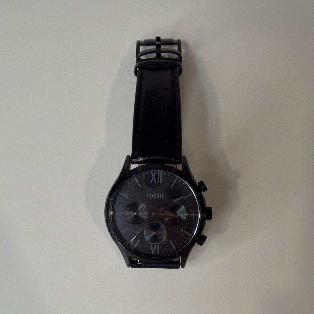 Fossil Black Chronograph Watch With Black Leather Strap